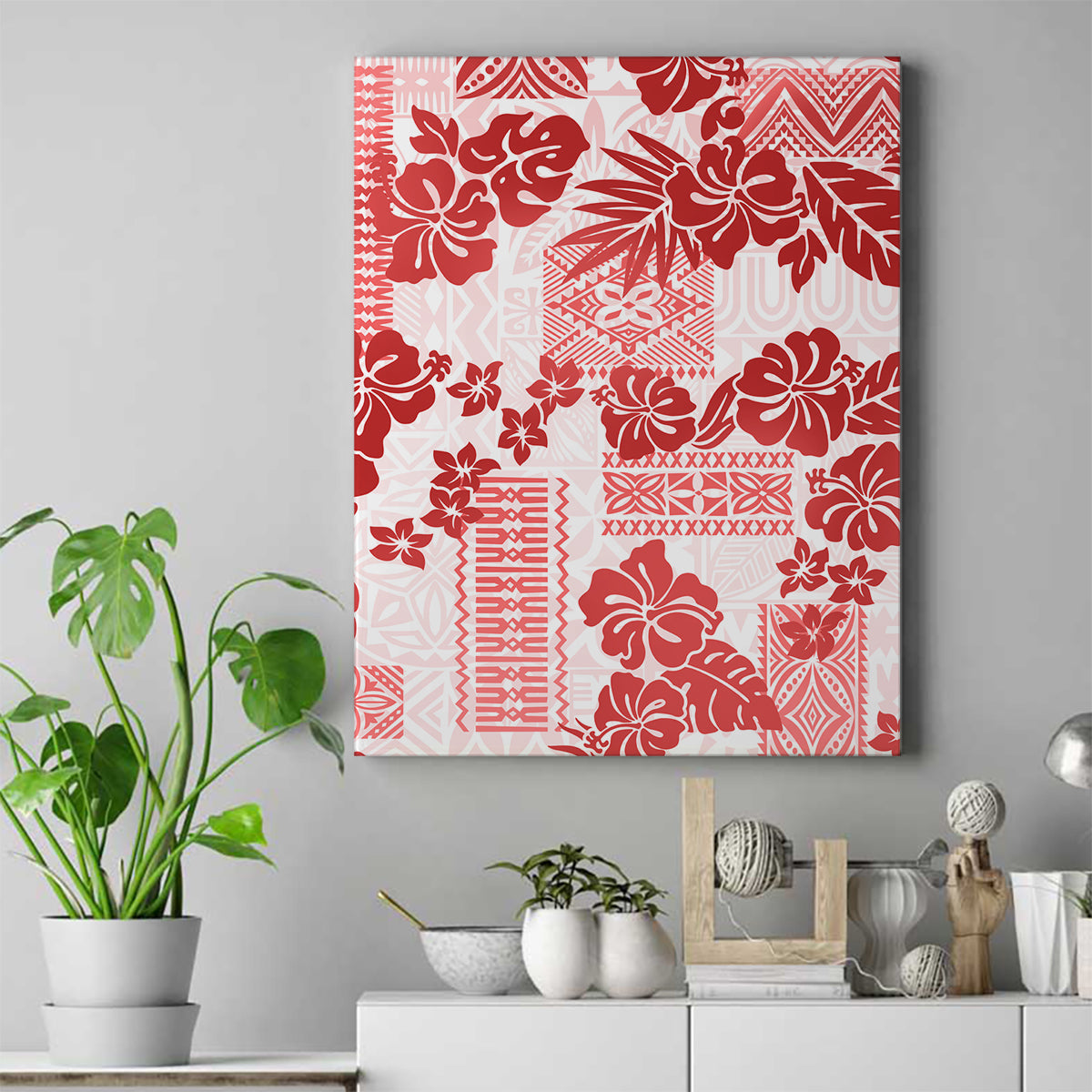 Vintage Hawaii Canvas Wall Art Hibiscus Tapa Tribal With Hawaiian Quilt Pattern Red LT9 Red - Polynesian Pride