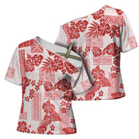 Vintage Hawaii Cross Shoulder Shirt Hibiscus Tapa Tribal With Hawaiian Quilt Pattern Red - undefined