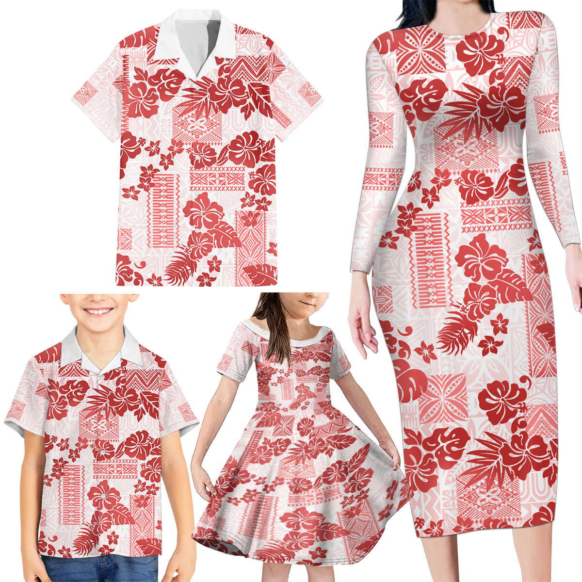 Vintage Hawaii Family Matching Long Sleeve Bodycon Dress and Hawaiian Shirt Hibiscus Tapa Tribal With Hawaiian Quilt Pattern Red LT9 - Polynesian Pride