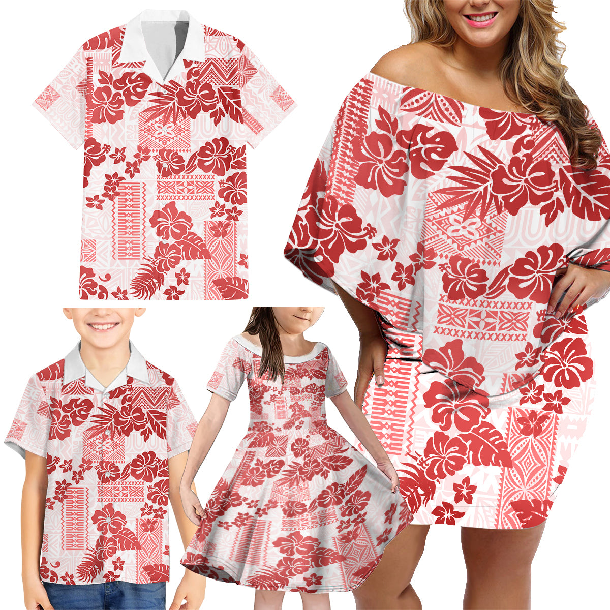 Vintage Hawaii Family Matching Off Shoulder Short Dress and Hawaiian Shirt Hibiscus Tapa Tribal With Hawaiian Quilt Pattern Red LT9 - Polynesian Pride