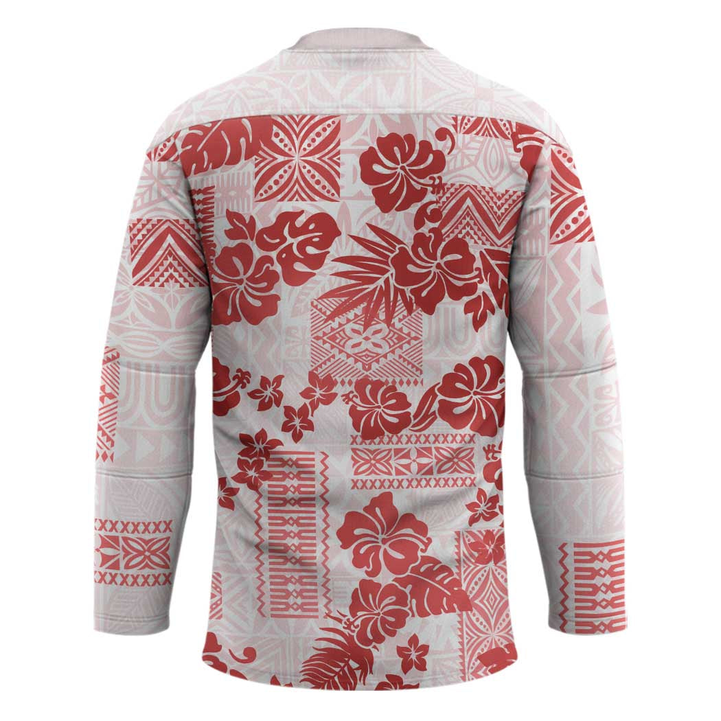 Vintage Hawaii Hockey Jersey Hibiscus Tapa Tribal With Hawaiian Quilt Pattern Red - Polynesian Pride