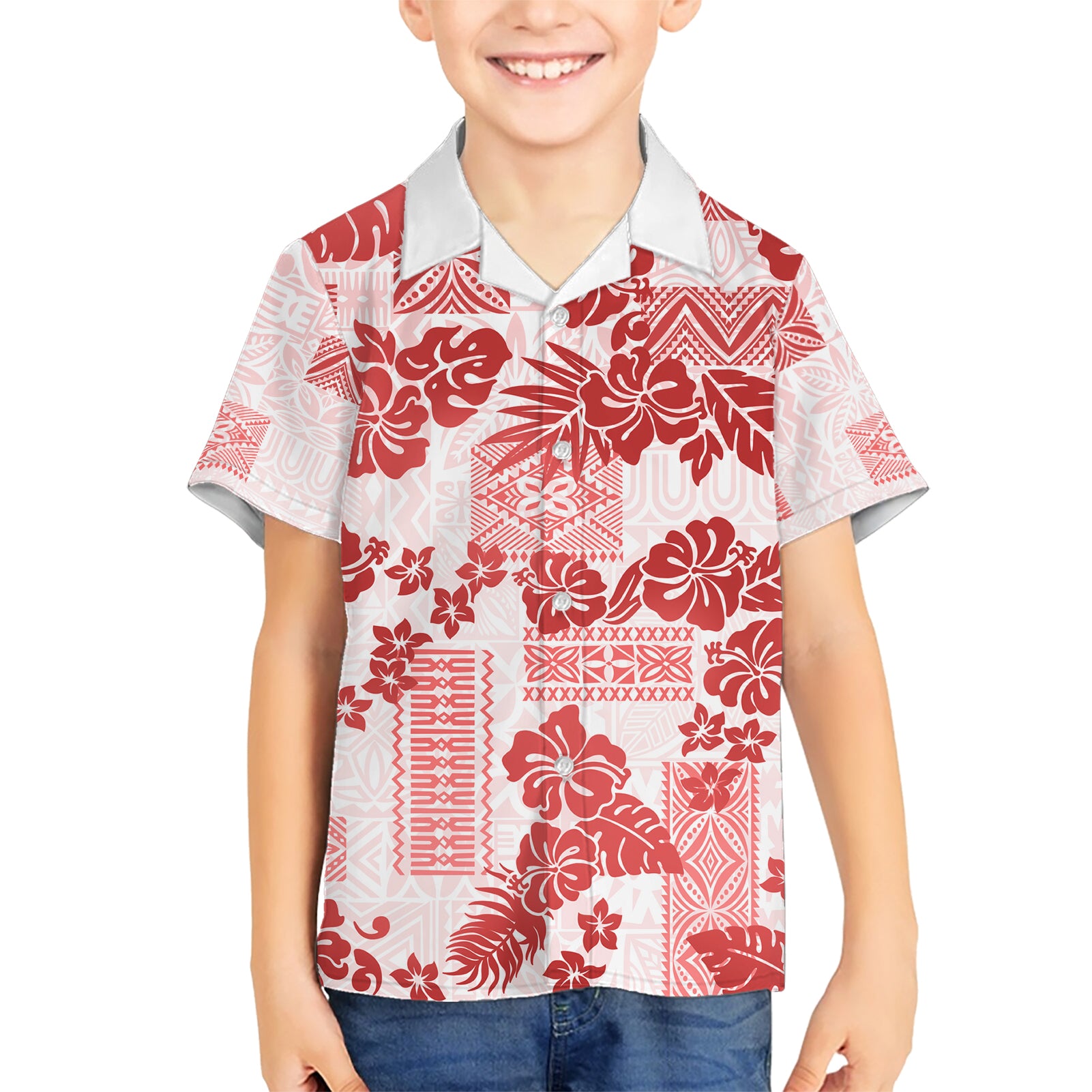 Vintage Hawaii Kid Hawaiian Shirt Hibiscus Tapa Tribal With Hawaiian Quilt Pattern Red LT9 Kid Red - Polynesian Pride