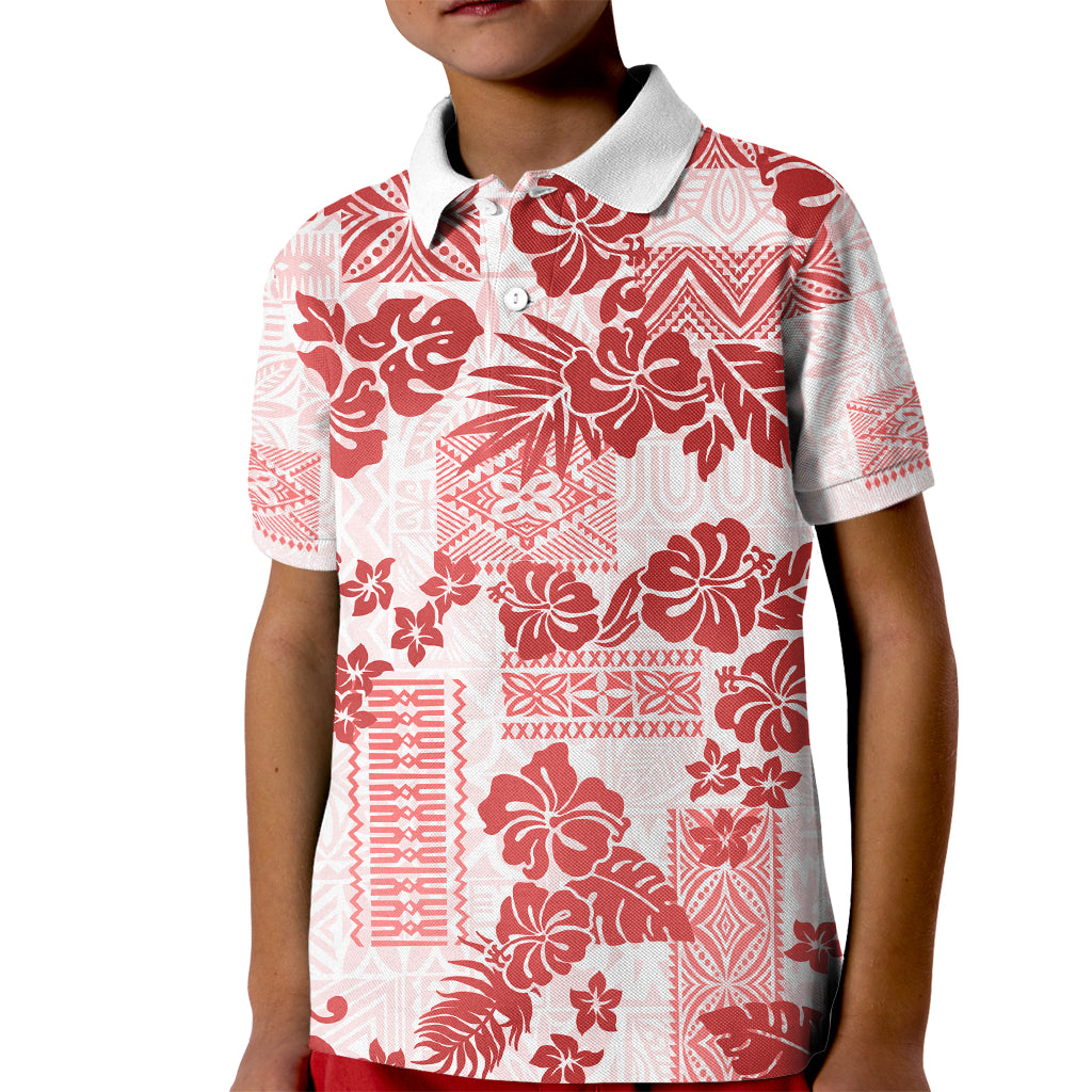 Vintage Hawaii Kid Polo Shirt Hibiscus Tapa Tribal With Hawaiian Quilt Pattern Red LT9 Kid Red - Polynesian Pride