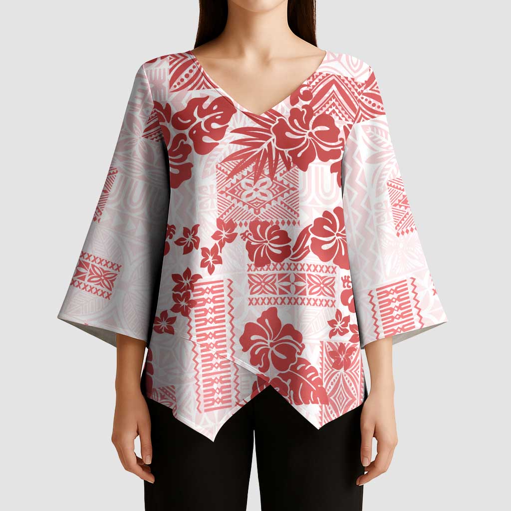 Vintage Hawaii Kimono Sleeve Blouse Hibiscus Tapa Tribal With Hawaiian Quilt Pattern Red - Polynesian Pride