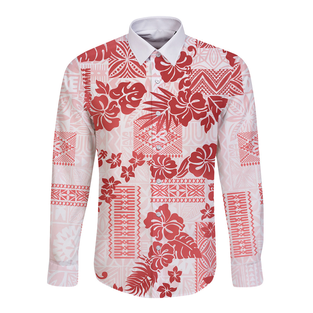 Vintage Hawaii Long Sleeve Button Shirt Hibiscus Tapa Tribal With Hawaiian Quilt Pattern Red LT9 Unisex Red - Polynesian Pride