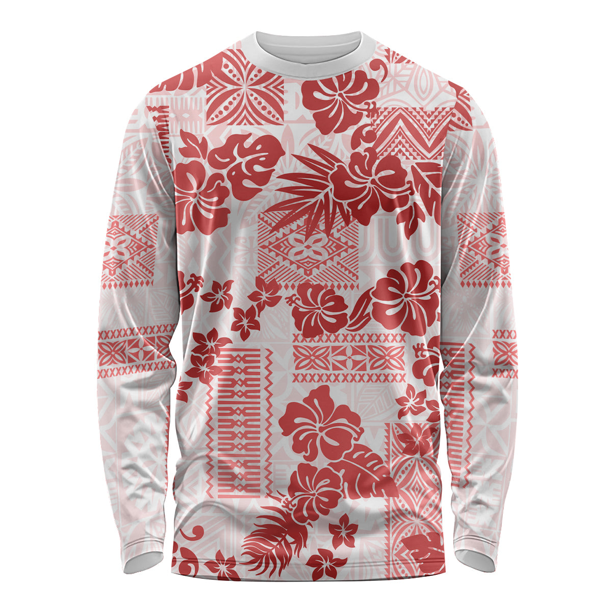 Vintage Hawaii Long Sleeve Shirt Hibiscus Tapa Tribal With Hawaiian Quilt Pattern Red LT9 Unisex Red - Polynesian Pride