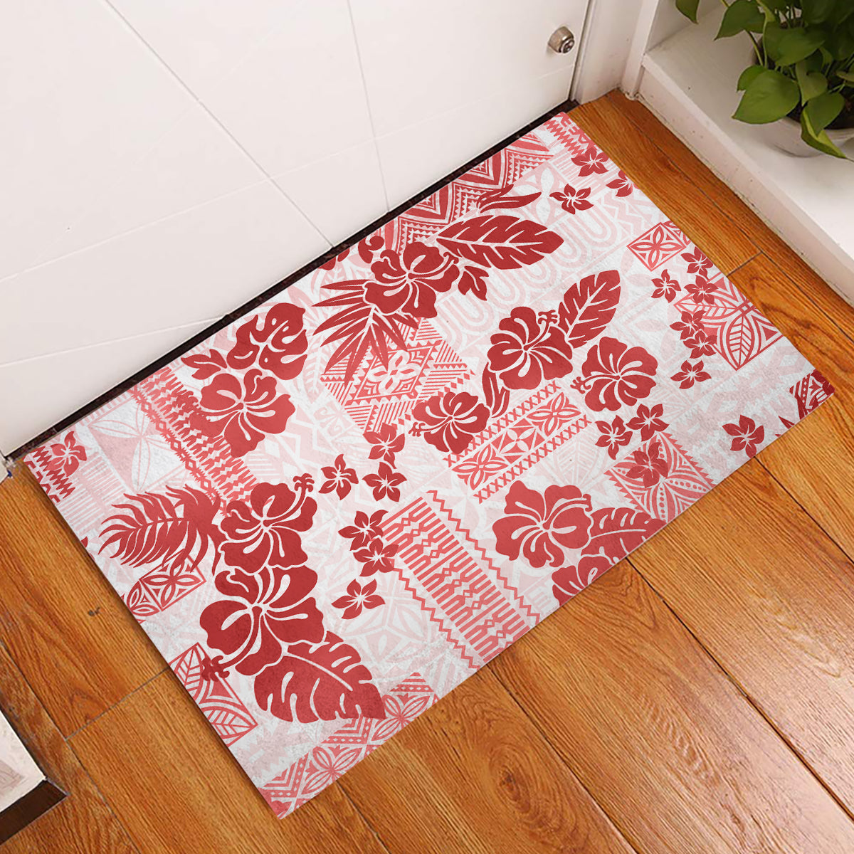 Vintage Hawaii Rubber Doormat Hibiscus Tapa Tribal With Hawaiian Quilt Pattern Red LT9 Red - Polynesian Pride