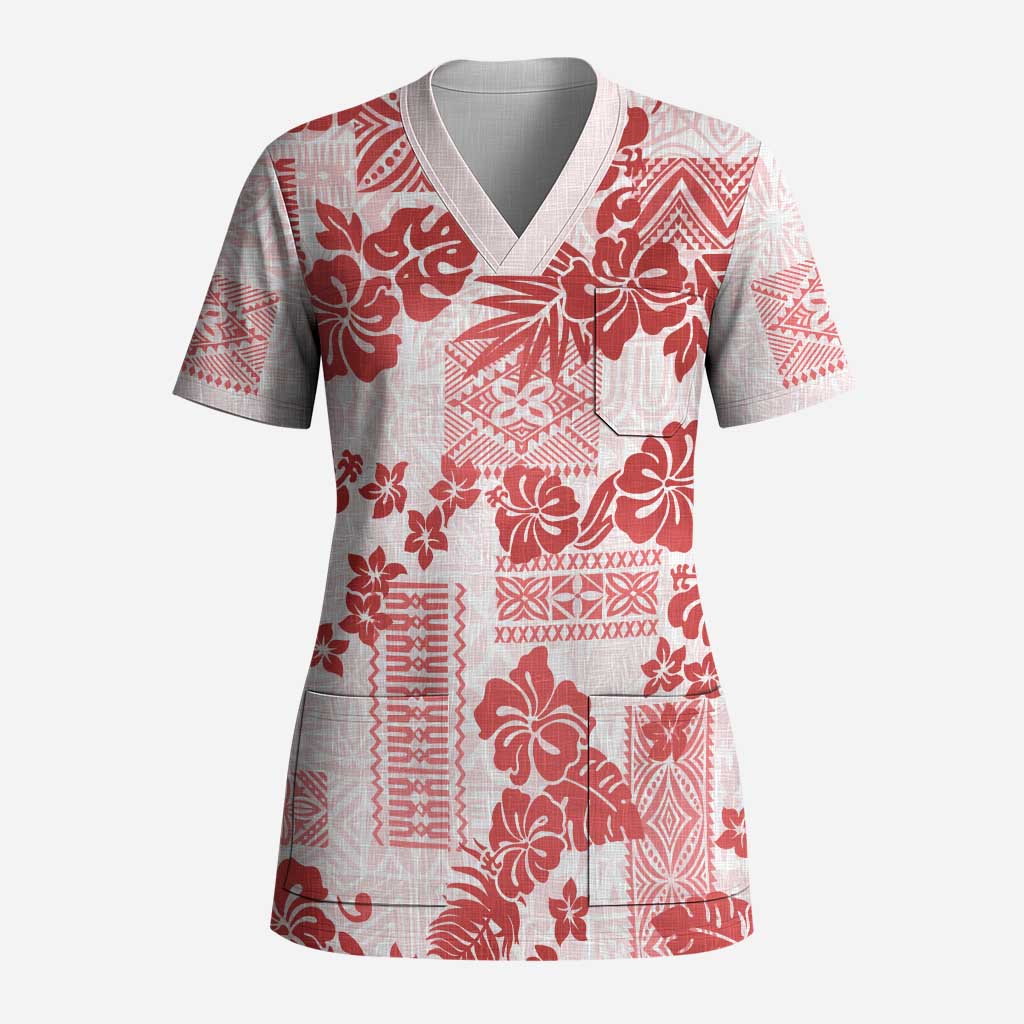 Vintage Hawaii Scrub Top Hibiscus Tapa Tribal With Hawaiian Quilt Pattern Red - Polynesian Pride