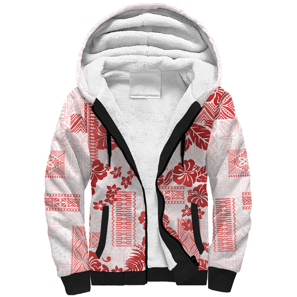 Vintage Hawaii Sherpa Hoodie Hibiscus Tapa Tribal With Hawaiian Quilt Pattern Red LT9 Unisex Red - Polynesian Pride