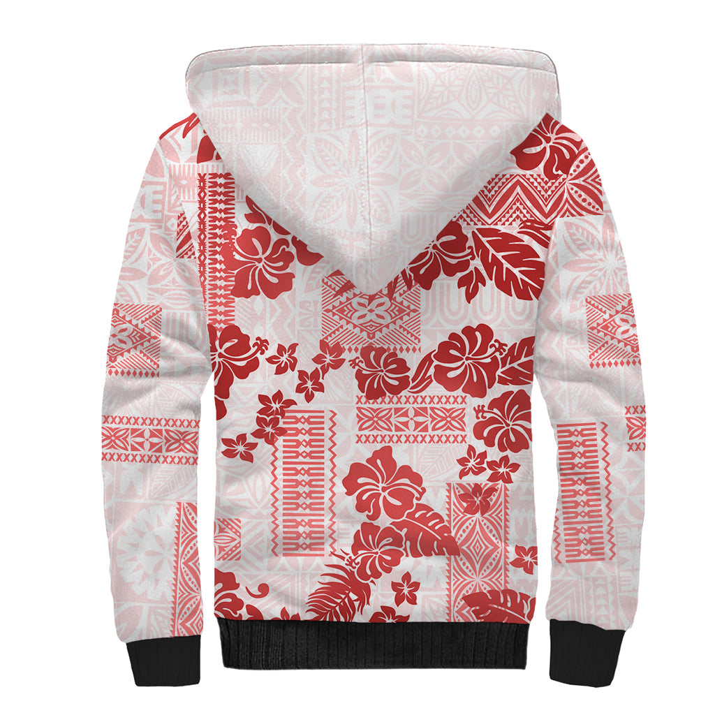 Vintage Hawaii Sherpa Hoodie Hibiscus Tapa Tribal With Hawaiian Quilt Pattern Red LT9 - Polynesian Pride