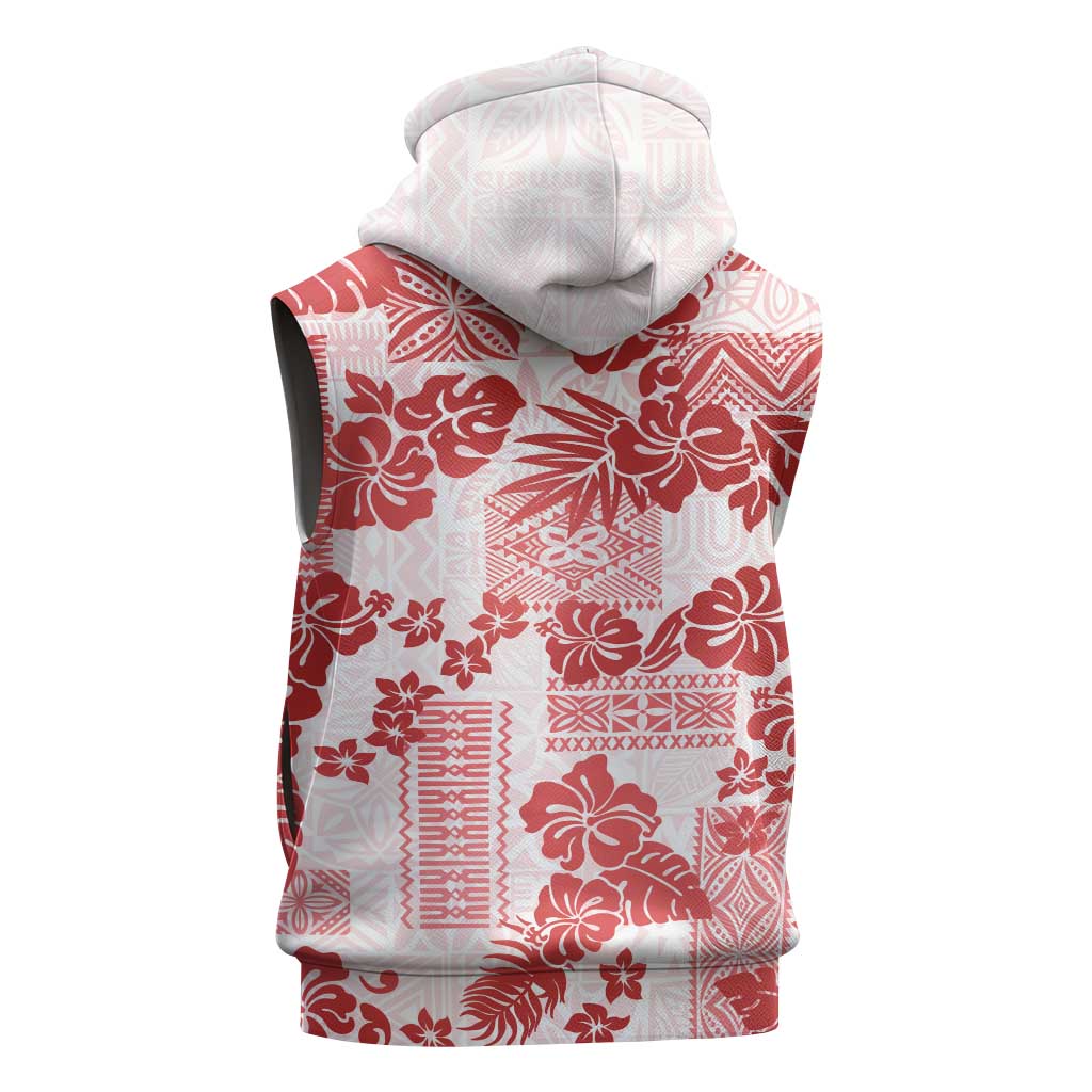 Vintage Hawaii Sleeveless Hoodie Hibiscus Tapa Tribal With Hawaiian Quilt Pattern Red - Polynesian Pride