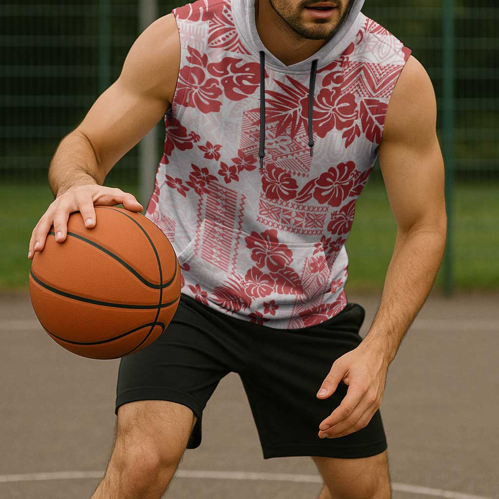 Vintage Hawaii Sleeveless Hoodie Hibiscus Tapa Tribal With Hawaiian Quilt Pattern Red - Polynesian Pride