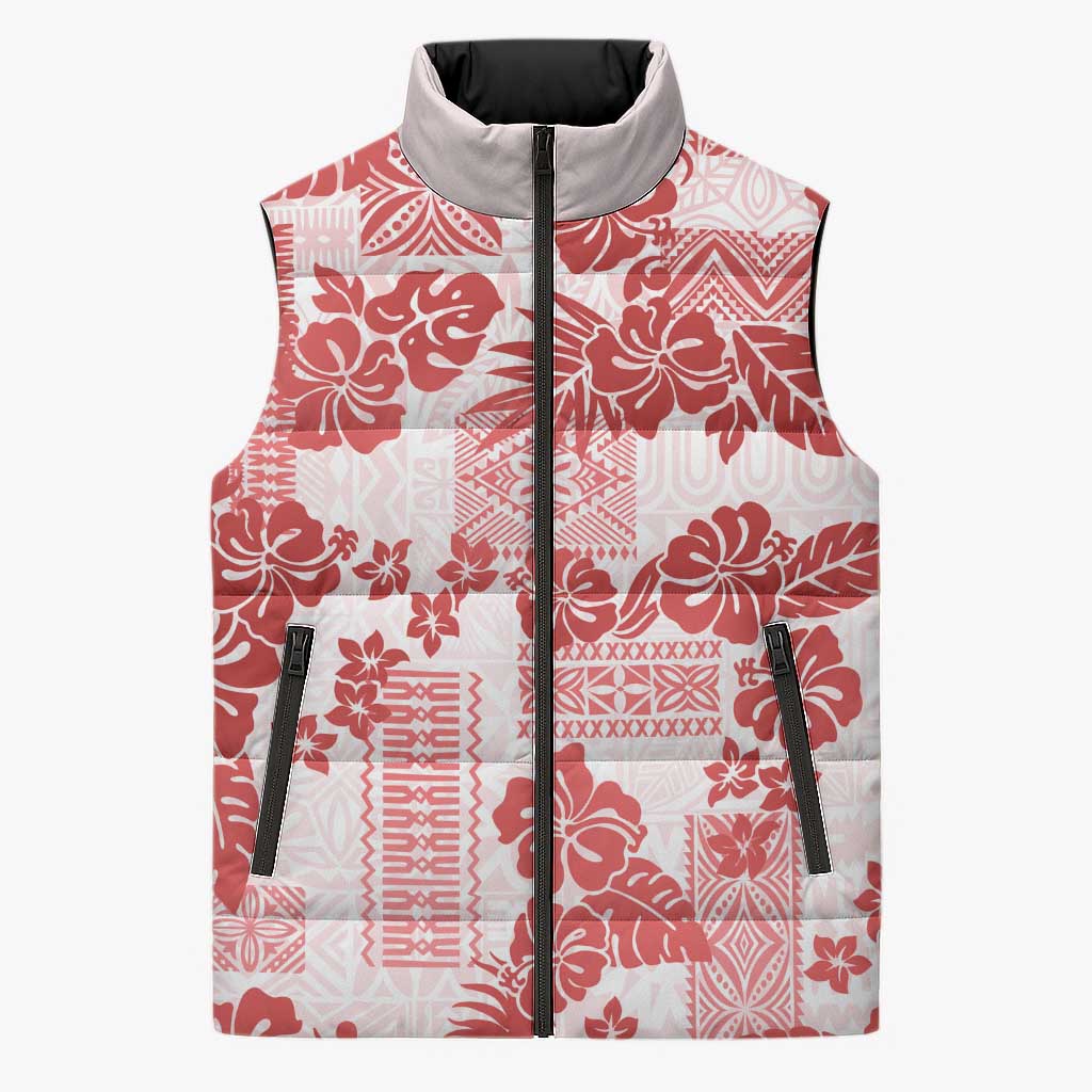 Vintage Hawaii Sleeveless Puffer Jacket Hibiscus Tapa Tribal With Hawaiian Quilt Pattern Red - Polynesian Pride