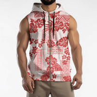 Vintage Hawaii Sleeveless Zip Hoodie Hibiscus Tapa Tribal With Hawaiian Quilt Pattern Red - Polynesian Pride