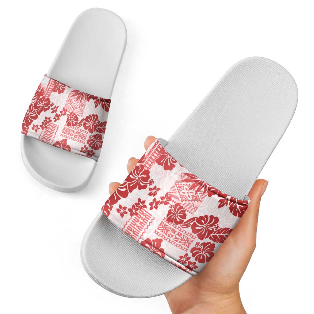 Vintage Hawaii Slide Sandals Hibiscus Tapa Tribal With Hawaiian Quilt Pattern Red - Polynesian Pride