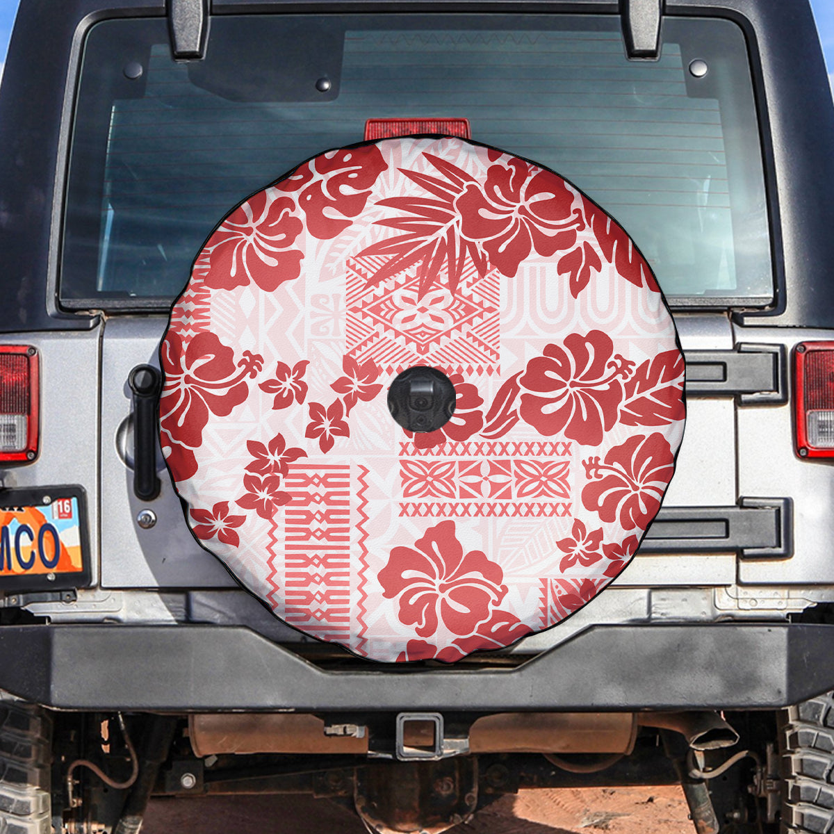 Vintage Hawaii Spare Tire Cover Hibiscus Tapa Tribal With Hawaiian Quilt Pattern Red LT9 - Polynesian Pride