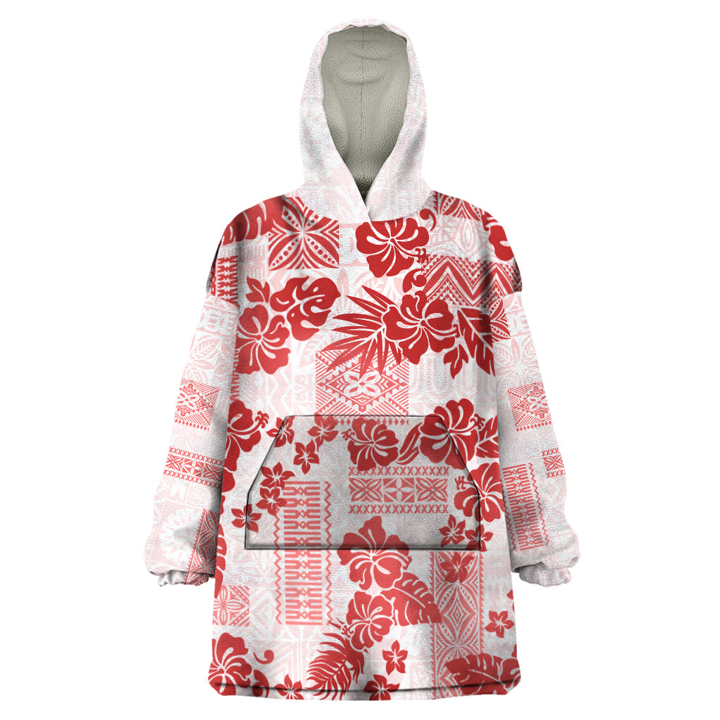 Vintage Hawaii Wearable Blanket Hoodie Hibiscus Tapa Tribal With Hawaiian Quilt Pattern Red LT9 One Size Red - Polynesian Pride