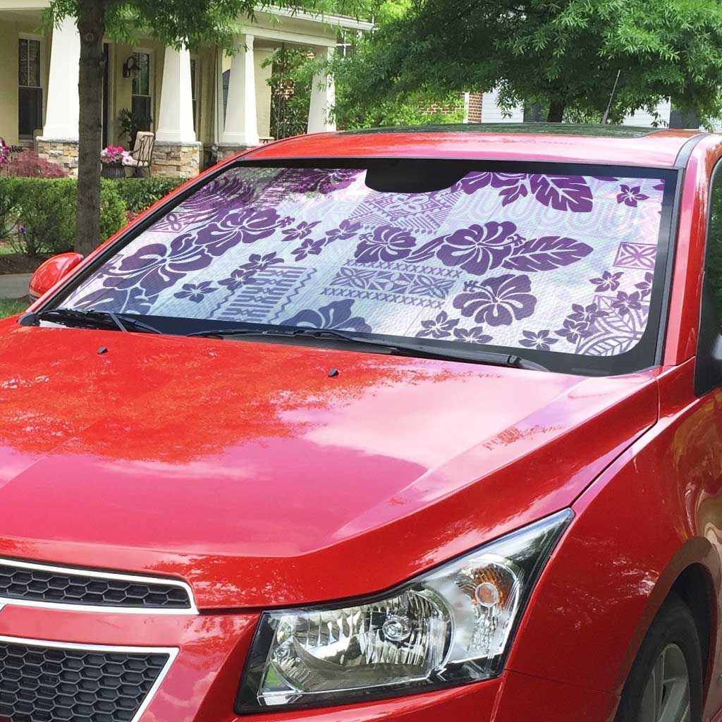 Vintage Hawaii Auto Sun Shade Hibiscus Tapa Tribal With Hawaiian Quilt Pattern Violet - Polynesian Pride