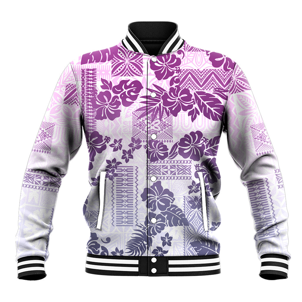 Vintage Hawaii Baseball Jacket Hibiscus Tapa Tribal With Hawaiian Quilt Pattern Violet LT9 Unisex Violet - Polynesian Pride