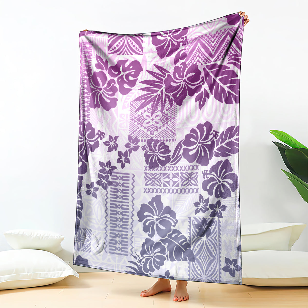 Vintage Hawaii Blanket Hibiscus Tapa Tribal With Hawaiian Quilt Pattern Violet LT9 Violet - Polynesian Pride