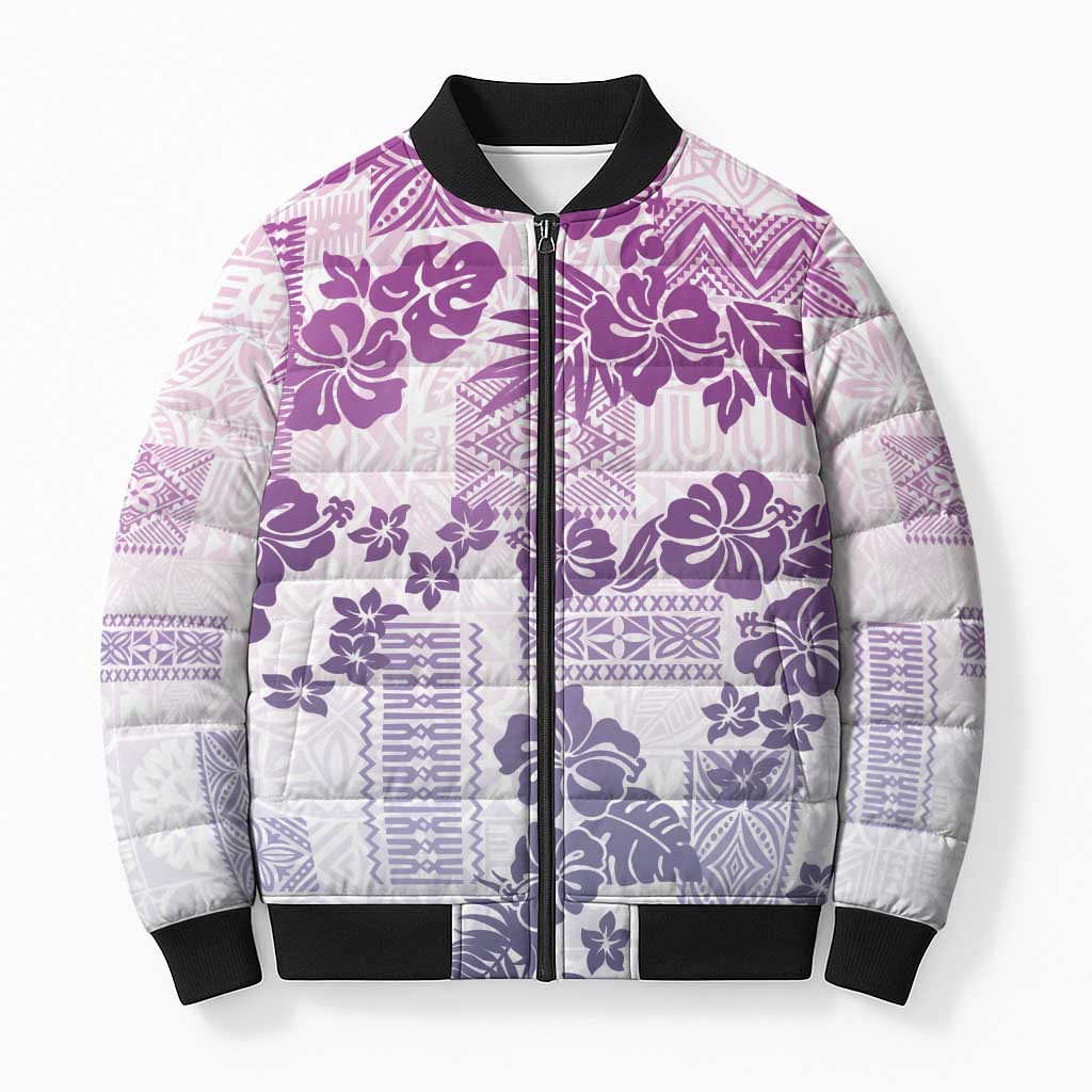 Vintage Hawaii Bomber Puffer Jacket Hibiscus Tapa Tribal With Hawaiian Quilt Pattern Violet - Polynesian Pride