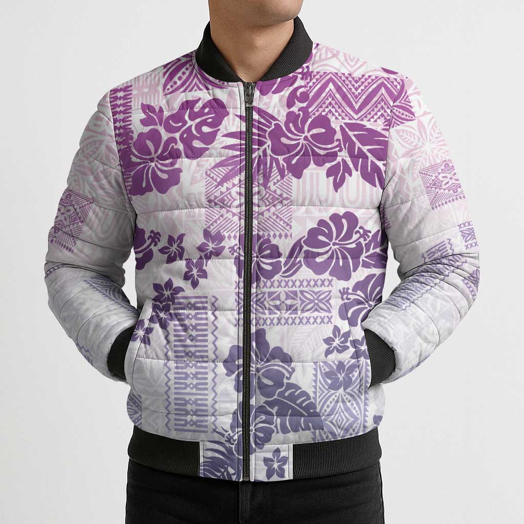 Vintage Hawaii Bomber Puffer Jacket Hibiscus Tapa Tribal With Hawaiian Quilt Pattern Violet - Polynesian Pride