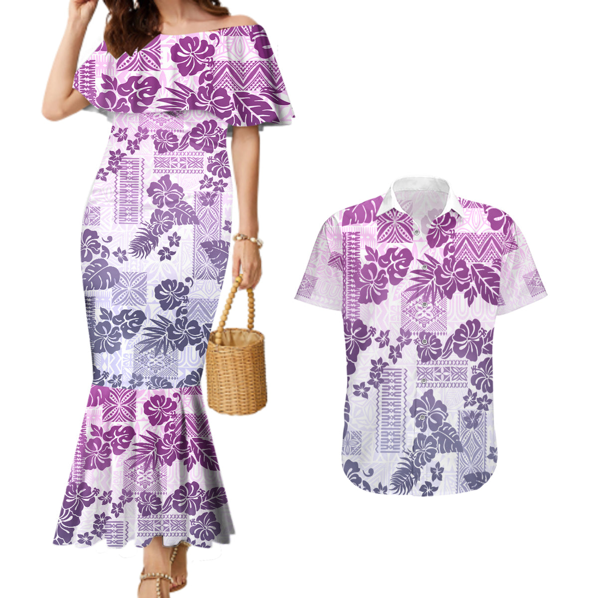 Vintage Hawaii Couples Matching Mermaid Dress and Hawaiian Shirt Hibiscus Tapa Tribal With Hawaiian Quilt Pattern Violet LT9 Violet - Polynesian Pride