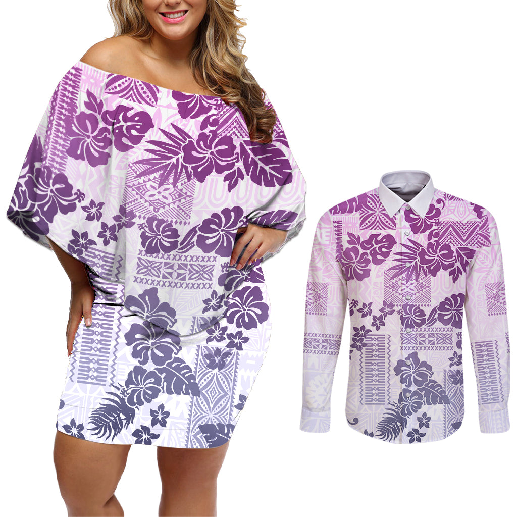 Vintage Hawaii Couples Matching Off Shoulder Short Dress and Long Sleeve Button Shirt Hibiscus Tapa Tribal With Hawaiian Quilt Pattern Violet LT9 Violet - Polynesian Pride