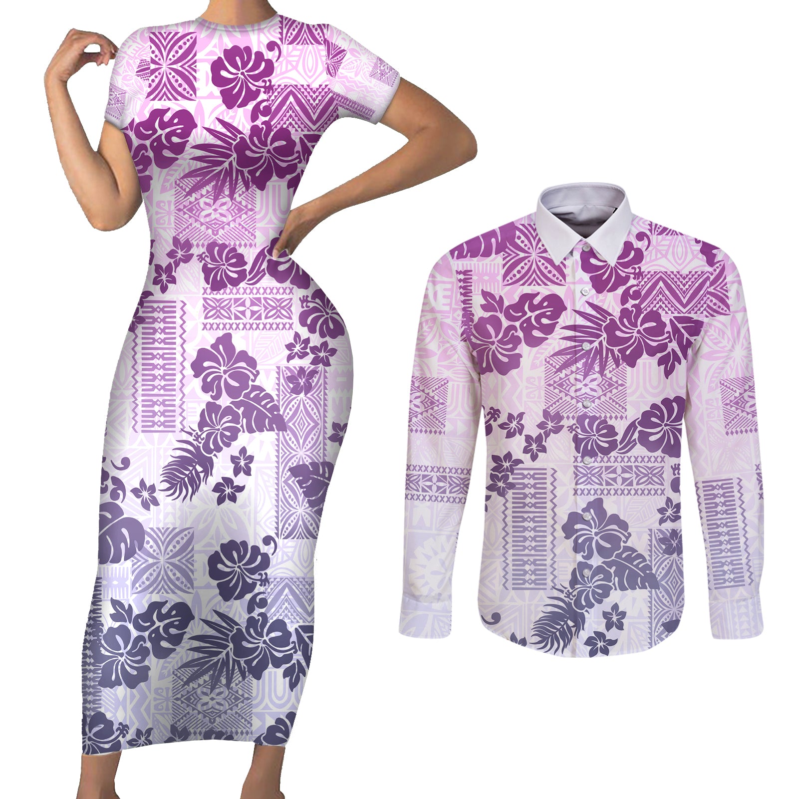 Vintage Hawaii Couples Matching Short Sleeve Bodycon Dress and Long Sleeve Button Shirt Hibiscus Tapa Tribal With Hawaiian Quilt Pattern Violet LT9 Violet - Polynesian Pride