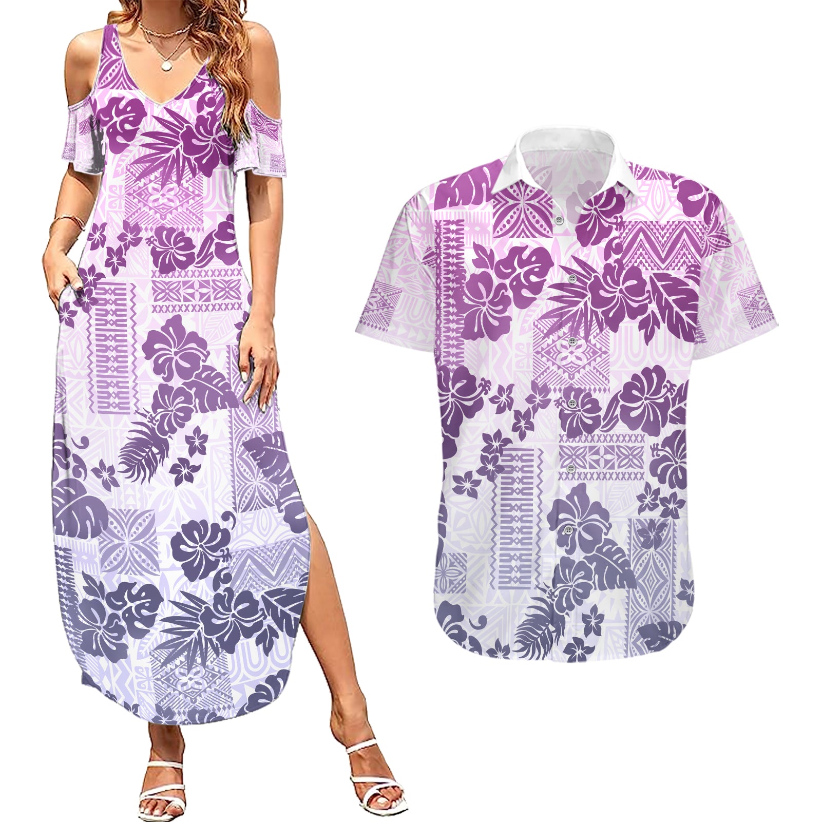 Vintage Hawaii Couples Matching Summer Maxi Dress and Hawaiian Shirt Hibiscus Tapa Tribal With Hawaiian Quilt Pattern Violet LT9 Violet - Polynesian Pride