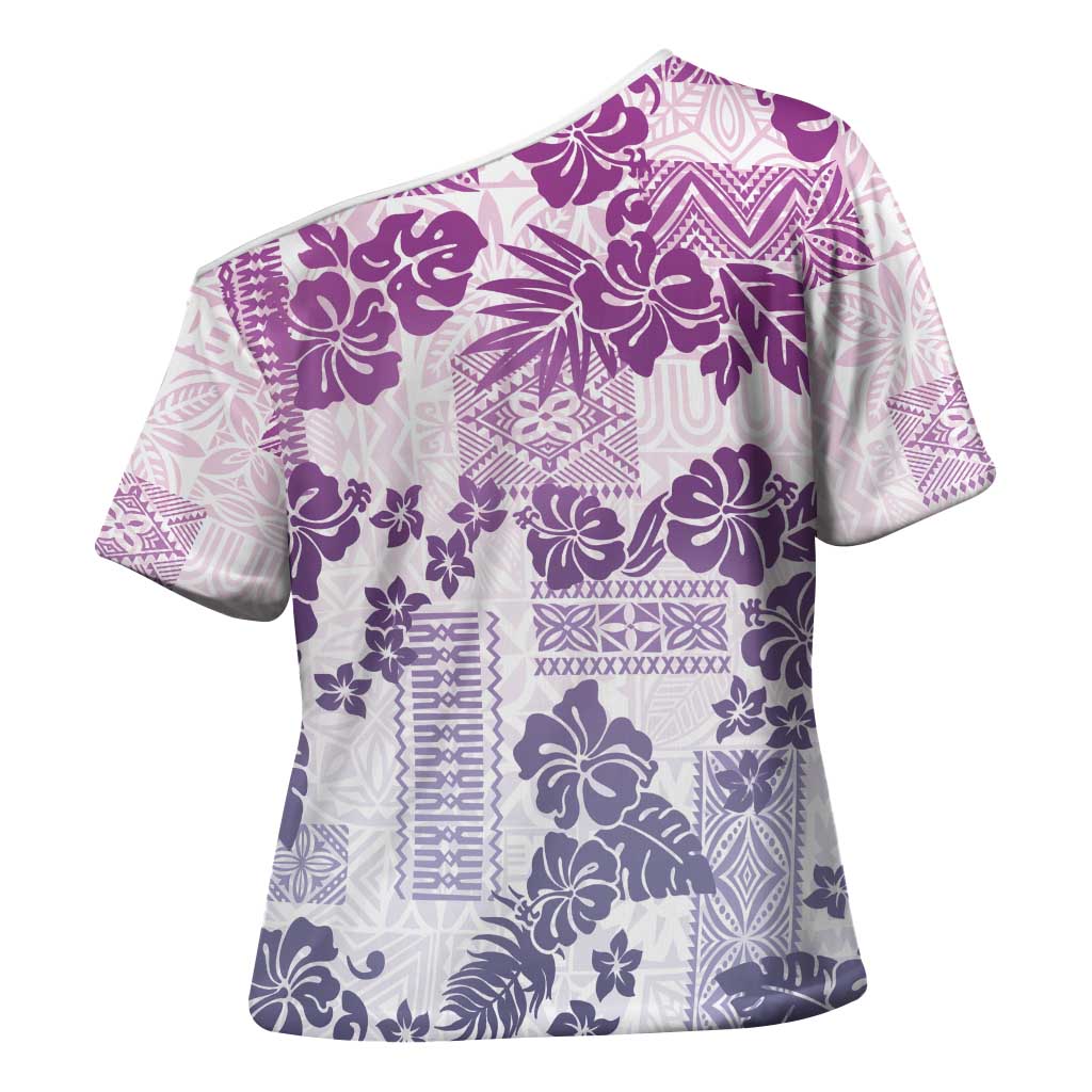 Vintage Hawaii Cross Shoulder Shirt Hibiscus Tapa Tribal With Hawaiian Quilt Pattern Violet - Polynesian Pride