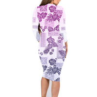 Vintage Hawaii Family Matching Long Sleeve Bodycon Dress and Hawaiian Shirt Hibiscus Tapa Tribal With Hawaiian Quilt Pattern Violet LT9 - Polynesian Pride