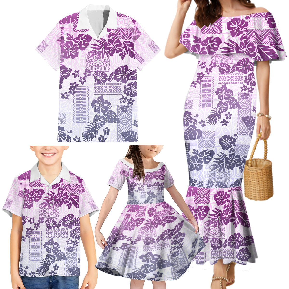 Vintage Hawaii Family Matching Mermaid Dress and Hawaiian Shirt Hibiscus Tapa Tribal With Hawaiian Quilt Pattern Violet LT9 - Polynesian Pride