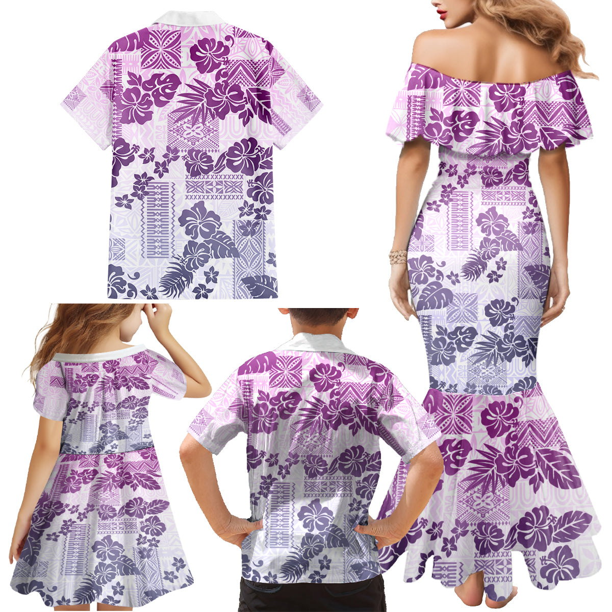 Vintage Hawaii Family Matching Mermaid Dress and Hawaiian Shirt Hibiscus Tapa Tribal With Hawaiian Quilt Pattern Violet LT9 - Polynesian Pride