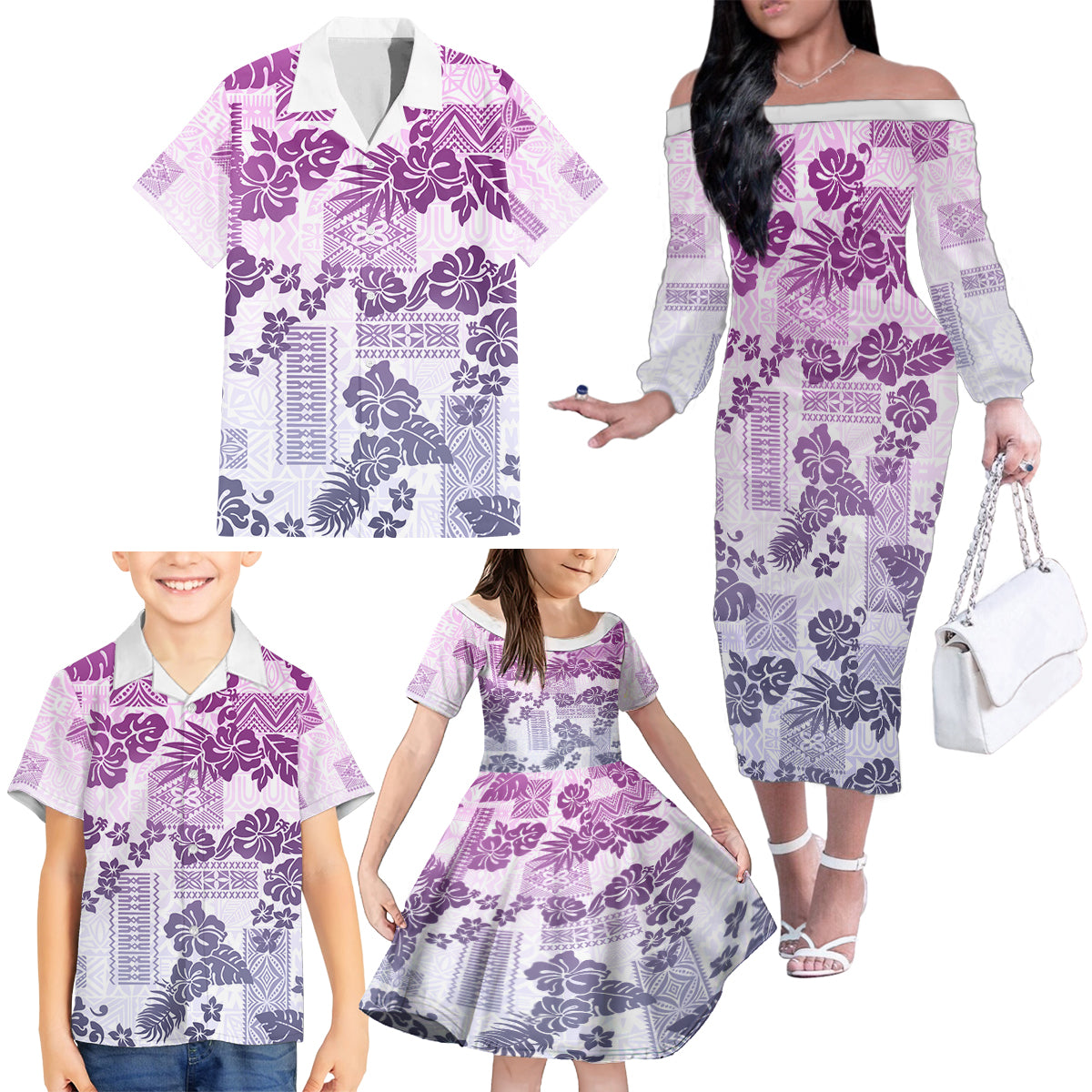 Vintage Hawaii Family Matching Off Shoulder Long Sleeve Dress and Hawaiian Shirt Hibiscus Tapa Tribal With Hawaiian Quilt Pattern Violet LT9 - Polynesian Pride