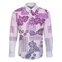Vintage Hawaii Family Matching Off Shoulder Long Sleeve Dress and Hawaiian Shirt Hibiscus Tapa Tribal With Hawaiian Quilt Pattern Violet LT9 Dad's Shirt - Long Sleeve Violet - Polynesian Pride