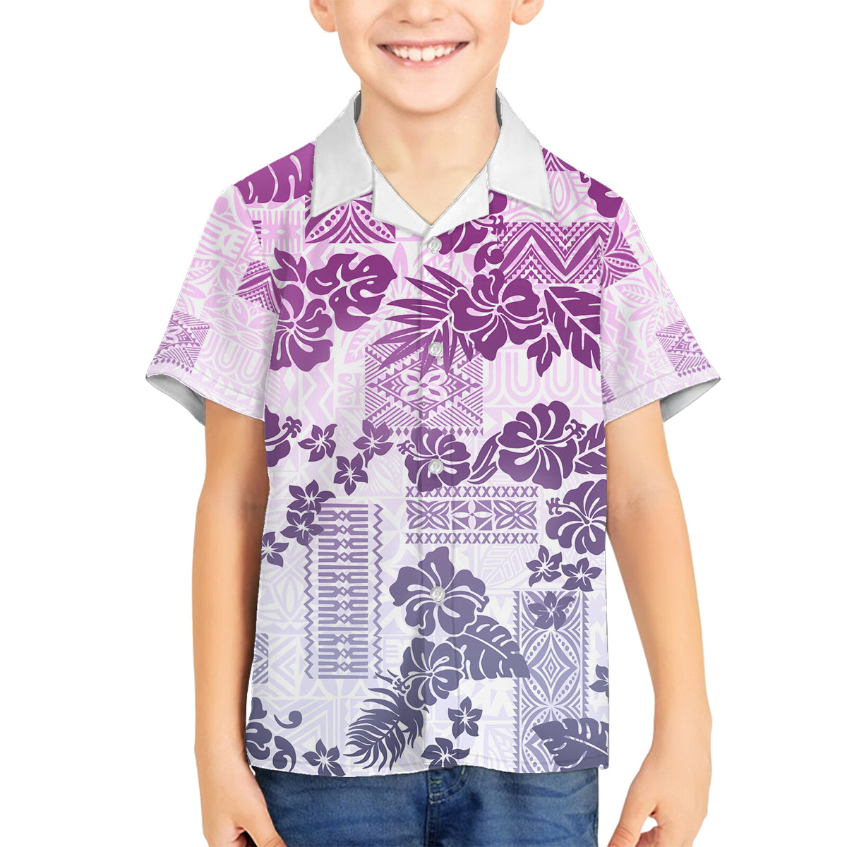 Vintage Hawaii Family Matching Off Shoulder Long Sleeve Dress and Hawaiian Shirt Hibiscus Tapa Tribal With Hawaiian Quilt Pattern Violet LT9 Son's Shirt Violet - Polynesian Pride