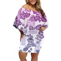 Vintage Hawaii Family Matching Off Shoulder Short Dress and Hawaiian Shirt Hibiscus Tapa Tribal With Hawaiian Quilt Pattern Violet LT9 Mom's Dress Violet - Polynesian Pride