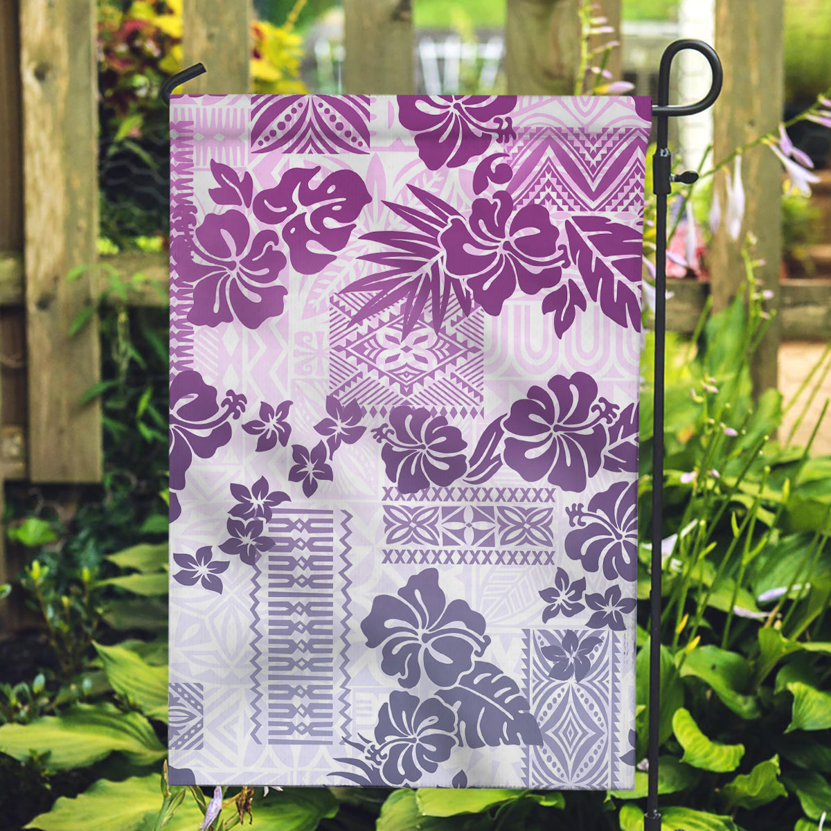 Vintage Hawaii Garden Flag Hibiscus Tapa Tribal With Hawaiian Quilt Pattern Violet LT9 Garden Flag Violet - Polynesian Pride