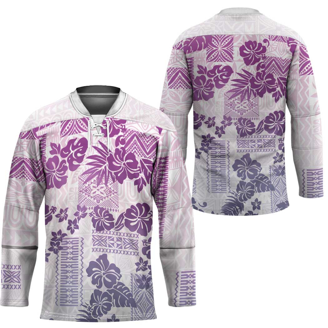 Vintage Hawaii Hockey Jersey Hibiscus Tapa Tribal With Hawaiian Quilt Pattern Violet - Polynesian Pride
