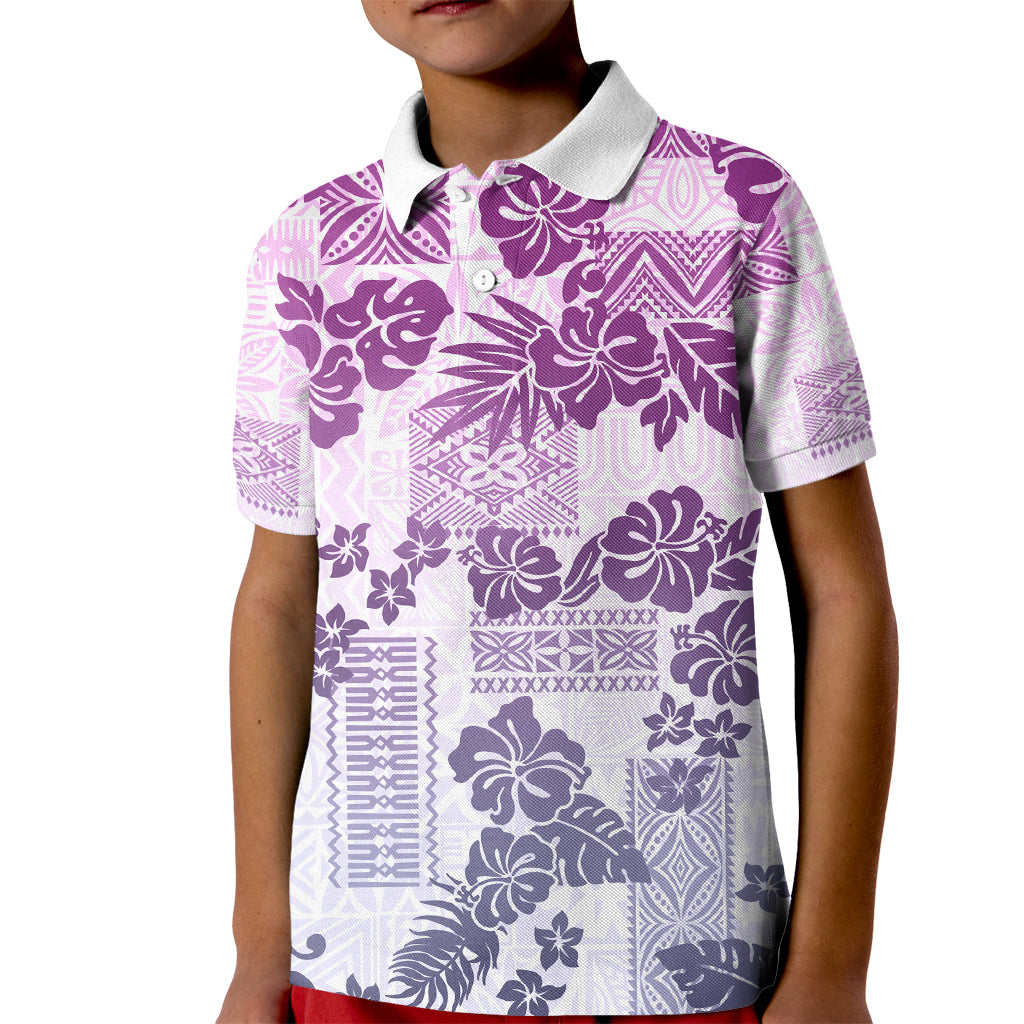 Vintage Hawaii Kid Polo Shirt Hibiscus Tapa Tribal With Hawaiian Quilt Pattern Violet LT9 Kid Violet - Polynesian Pride