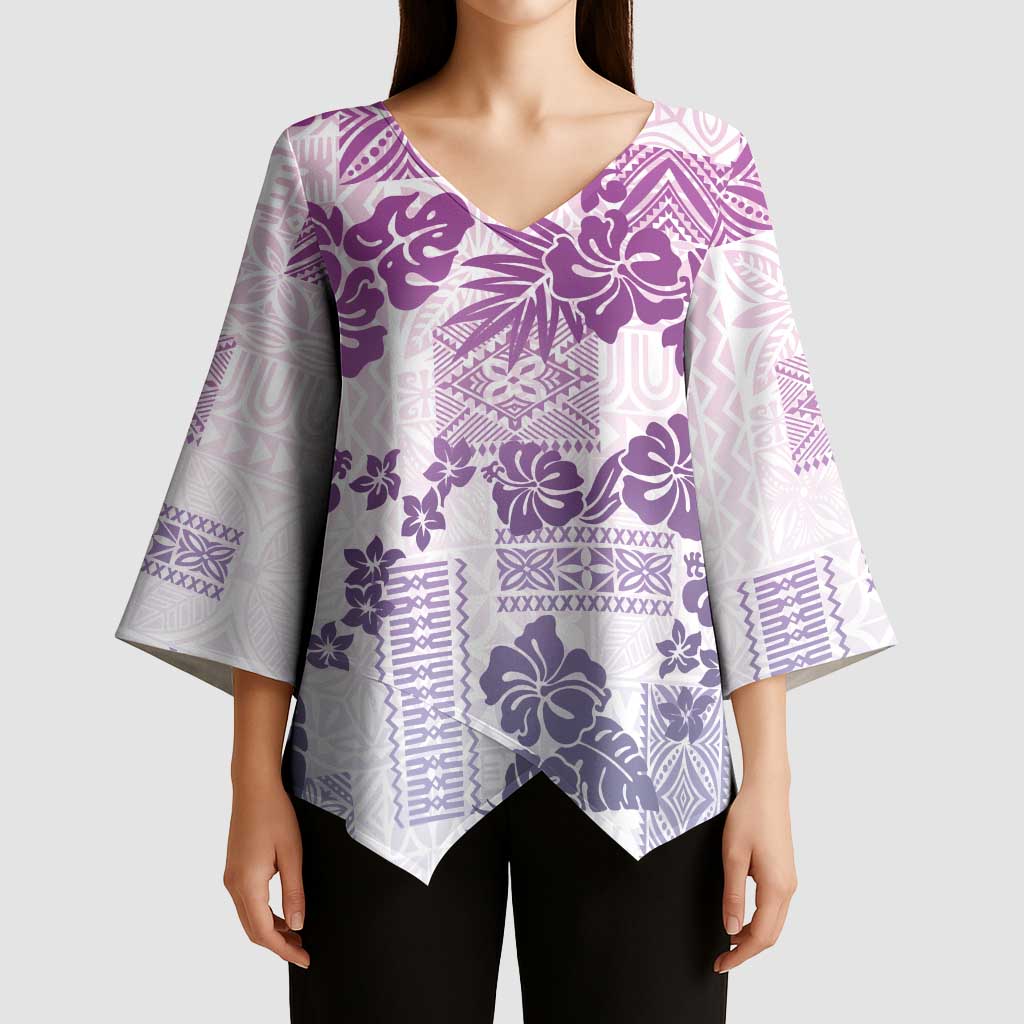 Vintage Hawaii Kimono Sleeve Blouse Hibiscus Tapa Tribal With Hawaiian Quilt Pattern Violet - Polynesian Pride