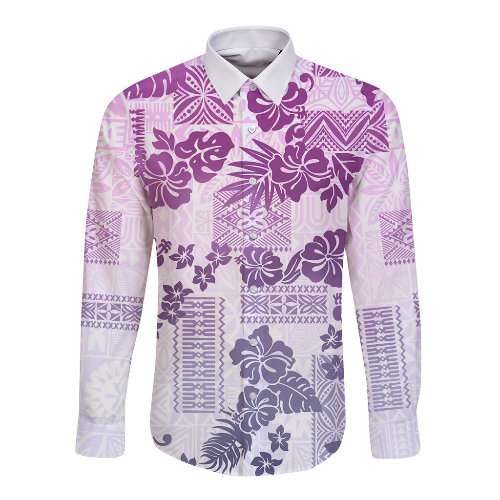 Vintage Hawaii Long Sleeve Button Shirt Hibiscus Tapa Tribal With Hawaiian Quilt Pattern Violet LT9 Unisex Violet - Polynesian Pride