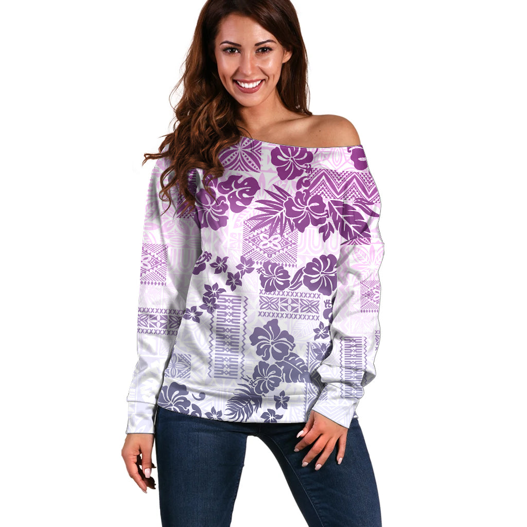 Vintage Hawaii Off Shoulder Sweater Hibiscus Tapa Tribal With Hawaiian Quilt Pattern Violet LT9 Women Violet - Polynesian Pride