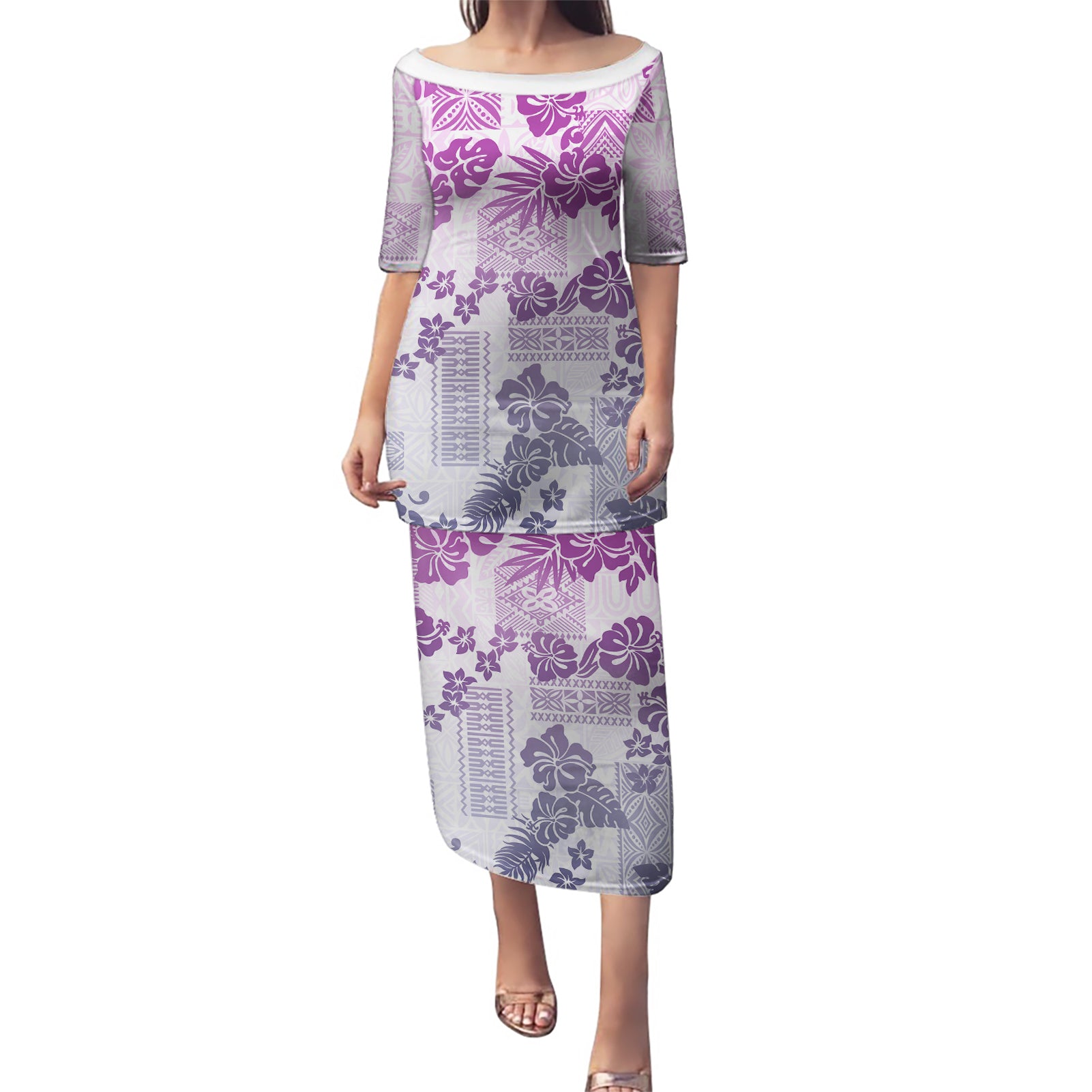 Vintage Hawaii Puletasi Hibiscus Tapa Tribal With Hawaiian Quilt Pattern Violet LT9 Long Dress Violet - Polynesian Pride