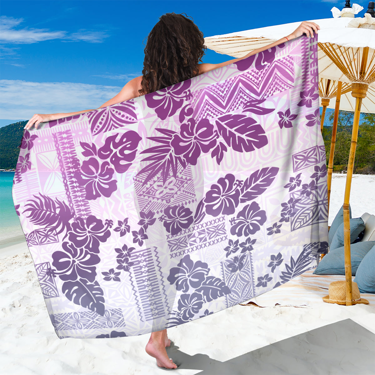 Vintage Hawaii Sarong Hibiscus Tapa Tribal With Hawaiian Quilt Pattern Violet LT9 One Size 44 x 66 inches Violet - Polynesian Pride