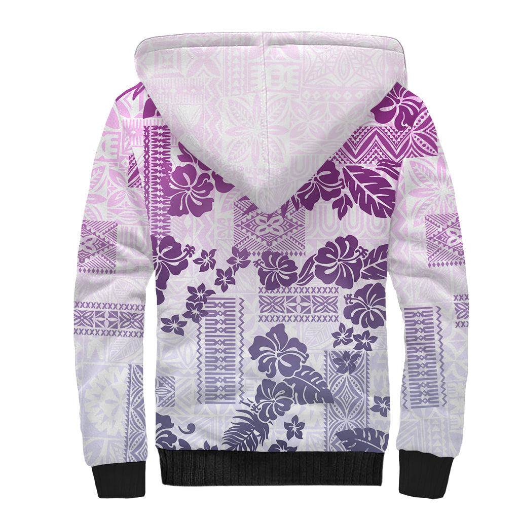 Vintage Hawaii Sherpa Hoodie Hibiscus Tapa Tribal With Hawaiian Quilt Pattern Violet LT9 - Polynesian Pride
