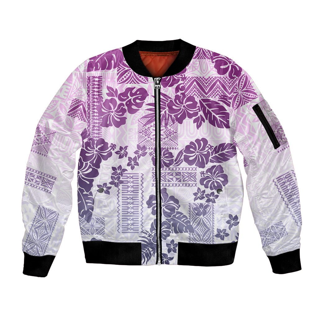 Vintage Hawaii Sleeve Zip Bomber Jacket Hibiscus Tapa Tribal With Hawaiian Quilt Pattern Violet LT9 Unisex Violet - Polynesian Pride