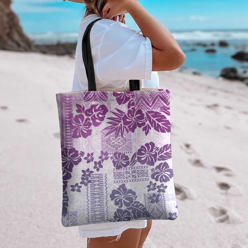 Vintage Hawaii Tote Bag Hibiscus Tapa Tribal With Hawaiian Quilt Pattern Violet - Polynesian Pride