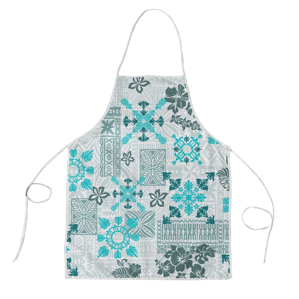 Hawaii Tapa Tribal Apron With Hawaiian Quilt Pattern Aqua - Polynesian Pride